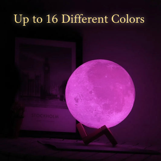 Pink moon lamp on a stand in a dark room with 'Stockholm' text in the background