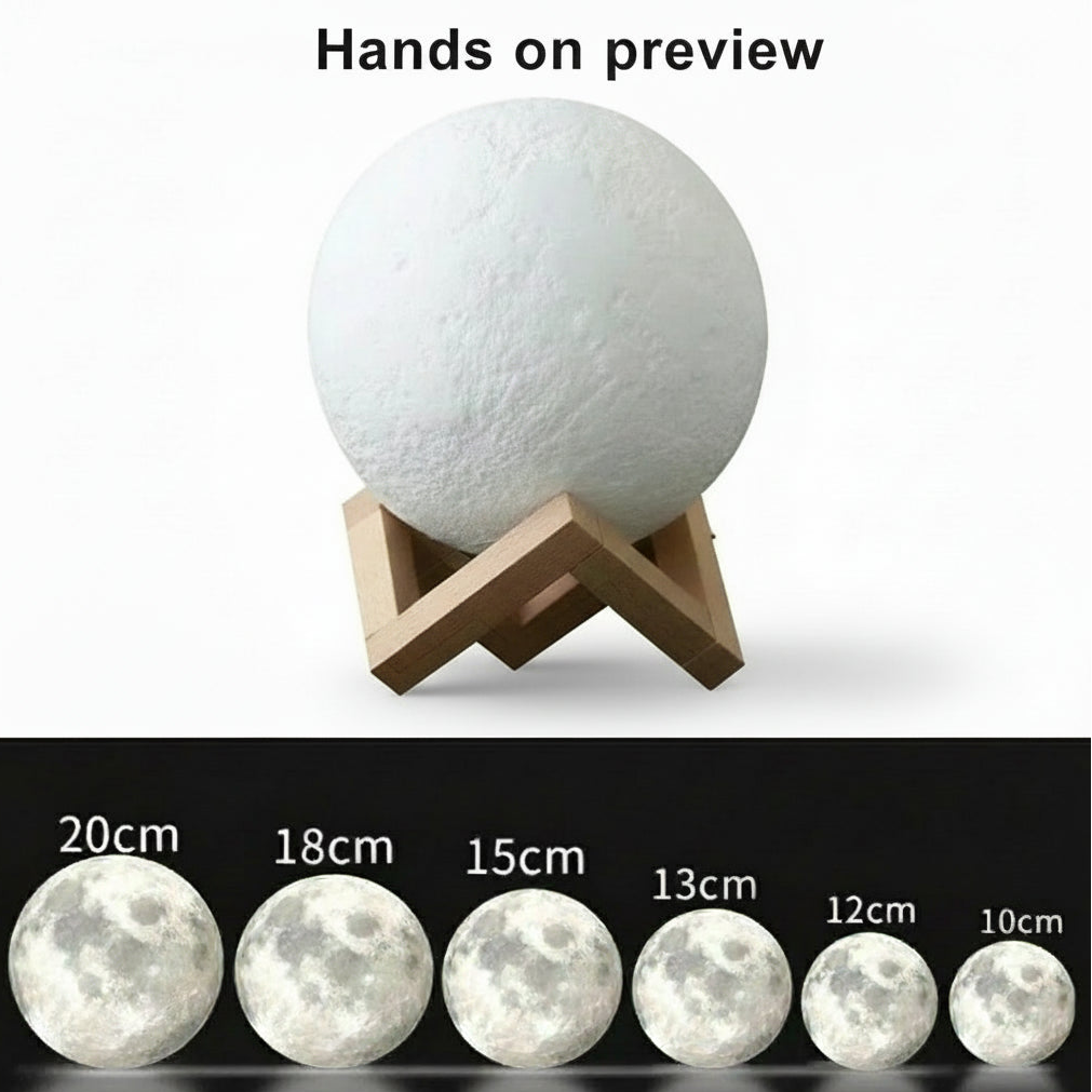 3D moon light with wooden stand and size comparison chart on a white background