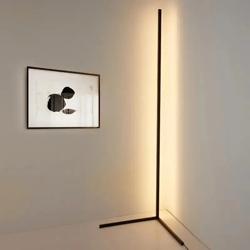 Modern floor lamp casting a shadow on a wall with a framed picture.